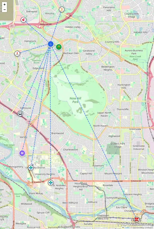 Daily accessibility map for 8 HAMPSTEAD RD NW, Calgary showing nearby schools, grocery stores, parks, LRT stations and nearby amenities
