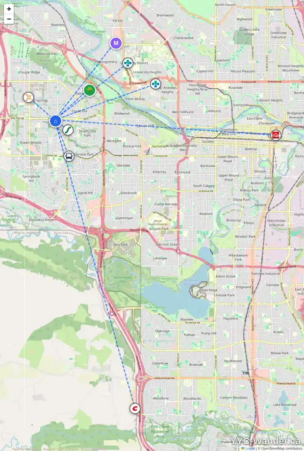 Daily accessibility map for 58 STRATHRIDGE WY SW, Calgary showing nearby schools, grocery stores, parks, LRT stations and nearby amenities