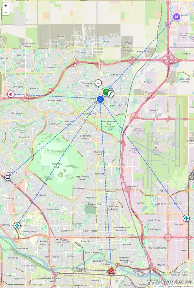 Daily accessibility map for 135 PANORAMA HILLS LN NW, Calgary showing nearby schools, grocery stores, parks, LRT stations and nearby amenities
