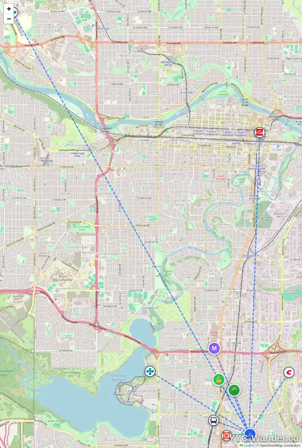Daily accessibility map for 358 ASHLEY CR SE, Calgary showing nearby schools, grocery stores, parks, LRT stations and nearby amenities