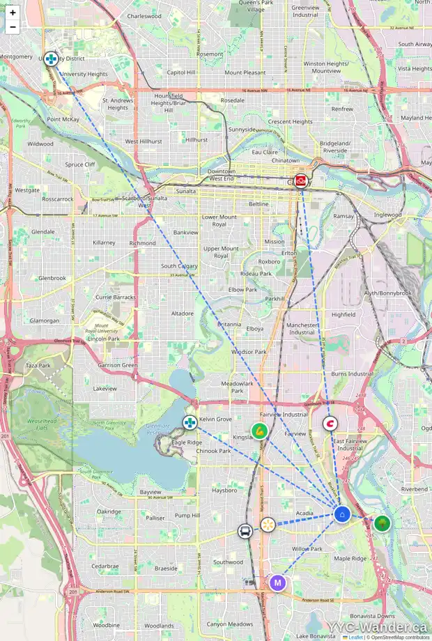 Daily accessibility map for 9504 ACADEMY DR SE, Calgary showing nearby schools, grocery stores, parks, LRT stations and nearby amenities
