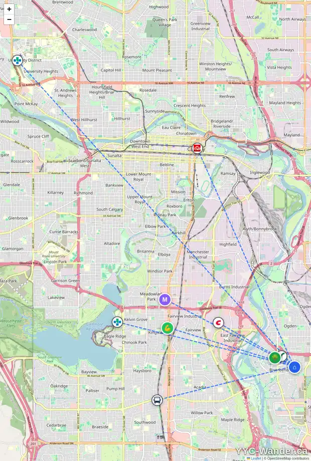 Daily accessibility map for 68 RIVERCROFT CL SE, Calgary showing nearby schools, grocery stores, parks, LRT stations and nearby amenities