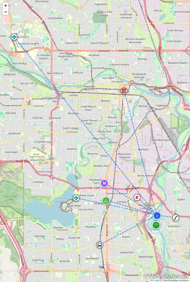 Daily accessibility map for 145 RIVERSIDE CI SE, Calgary showing nearby schools, grocery stores, parks, LRT stations and nearby amenities