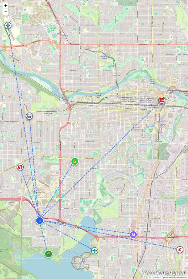 Daily accessibility map for 3426 LANE CR SW, Calgary showing nearby schools, grocery stores, parks, LRT stations and nearby amenities