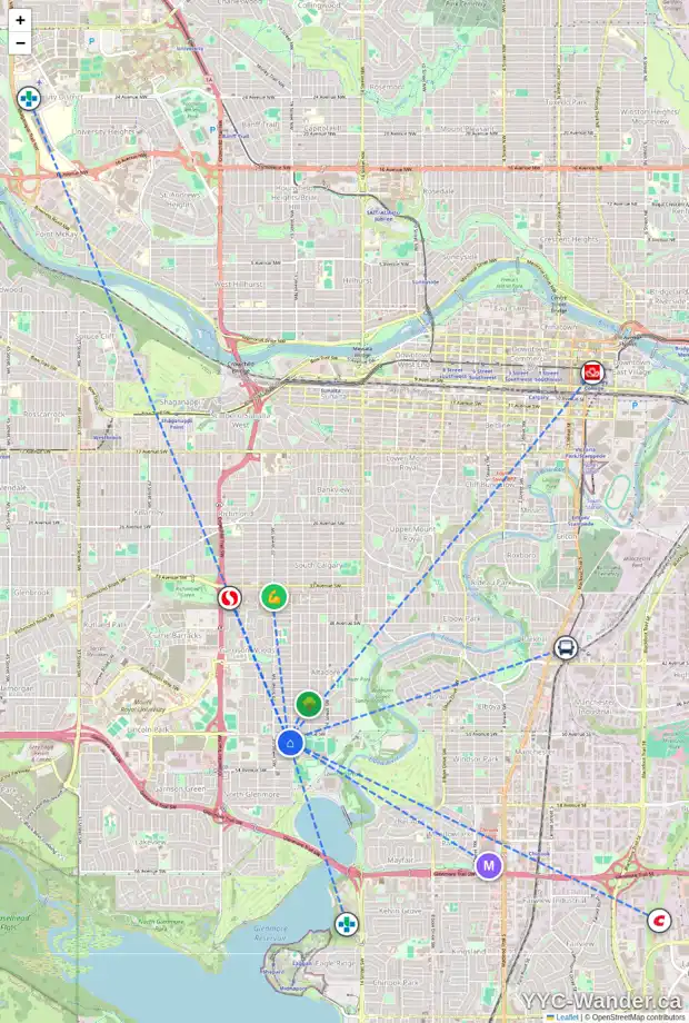 Daily accessibility map for 2008 51 AV SW, Calgary showing nearby schools, grocery stores, parks, LRT stations and nearby amenities
