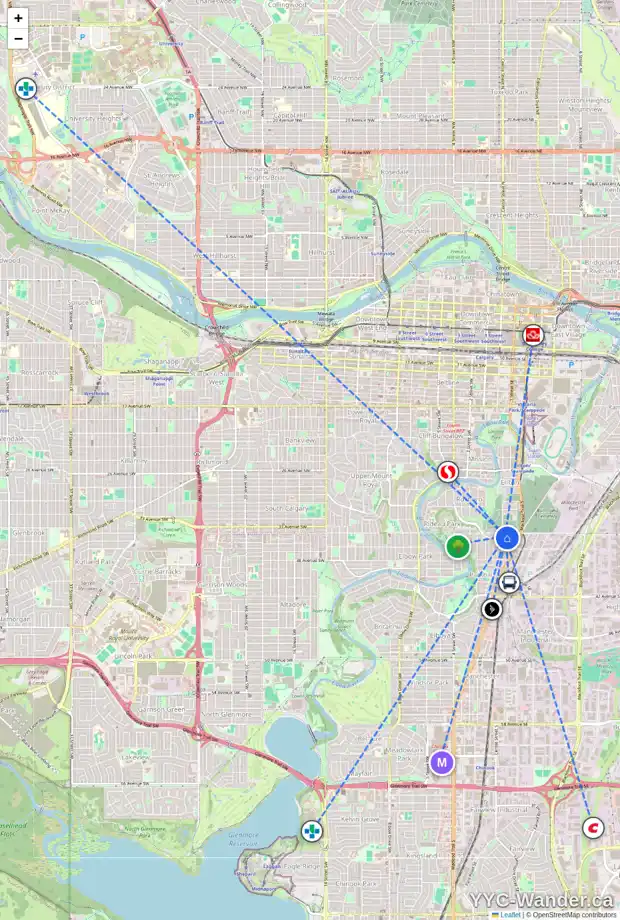 Daily accessibility map for 35 34 AV SW, Calgary showing nearby schools, grocery stores, parks, LRT stations and nearby amenities