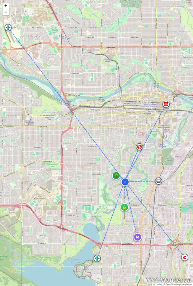 Daily accessibility map for 729 RIVERDALE AV SW, Calgary showing nearby schools, grocery stores, parks, LRT stations and nearby amenities
