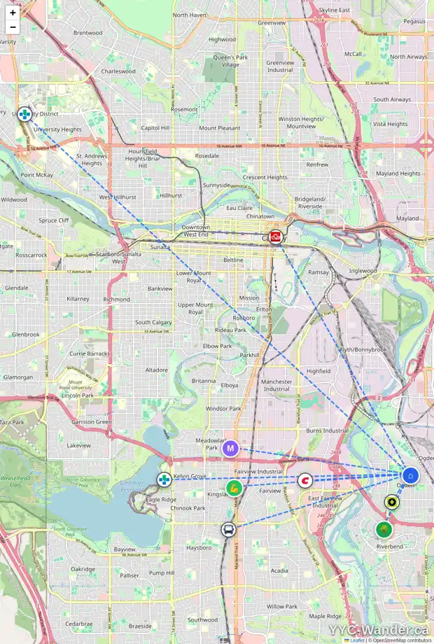 Daily accessibility map for 79 LYNNDALE RD SE, Calgary showing nearby schools, grocery stores, parks, LRT stations and nearby amenities