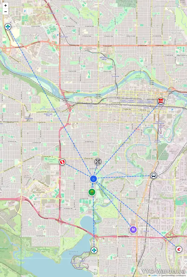 Daily accessibility map for 4219 15 ST SW, Calgary showing nearby schools, grocery stores, parks, LRT stations and nearby amenities