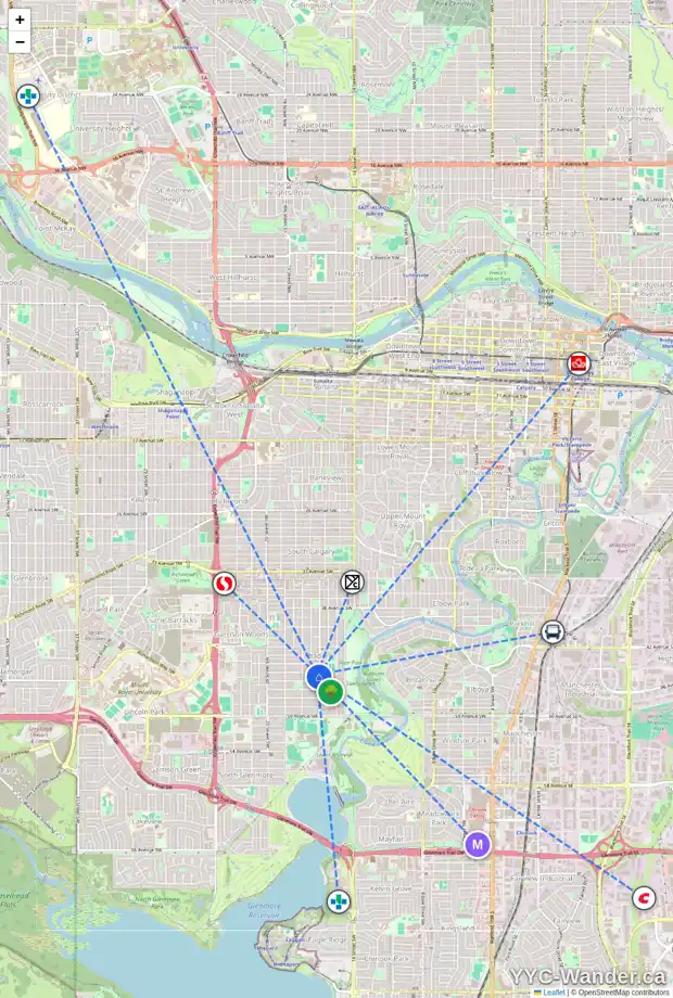 Daily accessibility map for 4607 16 ST SW, Calgary showing nearby schools, grocery stores, parks, LRT stations and nearby amenities