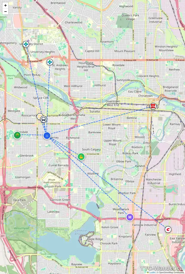 Daily accessibility map for 2411 32 ST SW, Calgary showing nearby schools, grocery stores, parks, LRT stations and nearby amenities
