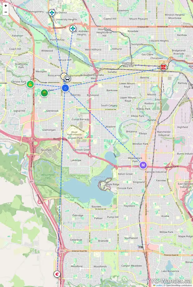 Daily accessibility map for 2023 35 ST SW, Calgary showing nearby schools, grocery stores, parks, LRT stations and nearby amenities