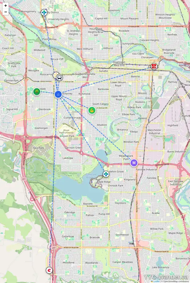 Daily accessibility map for 2604 35 ST SW, Calgary showing nearby schools, grocery stores, parks, LRT stations and nearby amenities