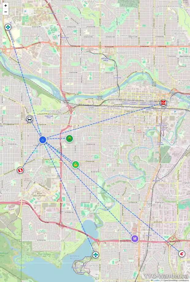 Daily accessibility map for 2424 29 ST SW, Calgary showing nearby schools, grocery stores, parks, LRT stations and nearby amenities