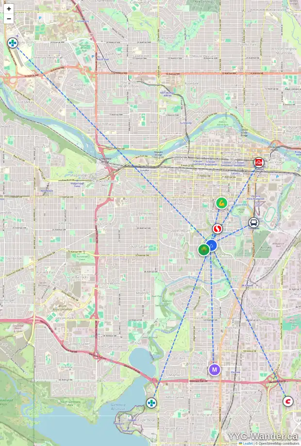 Daily accessibility map for 715 RIDEAU RD SW, Calgary showing nearby schools, grocery stores, parks, LRT stations and nearby amenities