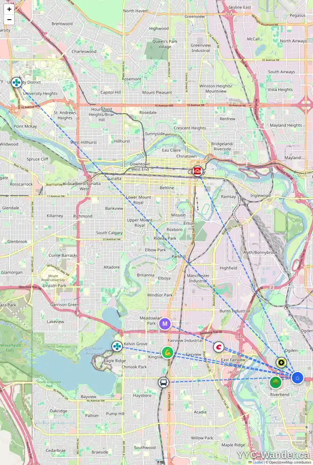 Daily accessibility map for 1706 OLYMPIA DR SE, Calgary showing nearby schools, grocery stores, parks, LRT stations and nearby amenities