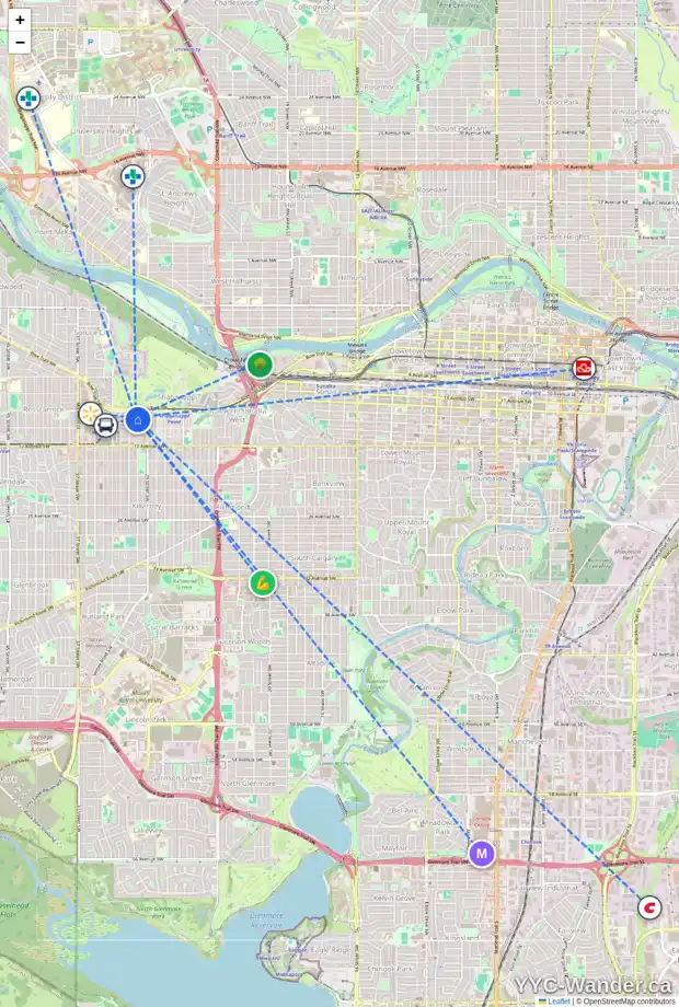 Daily accessibility map for 3108 13 AV SW, Calgary showing nearby schools, grocery stores, parks, LRT stations and nearby amenities