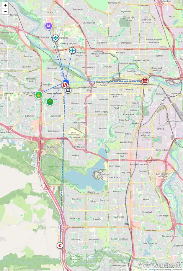 Daily accessibility map for 3540 8 AV SW, Calgary showing nearby schools, grocery stores, parks, LRT stations and nearby amenities