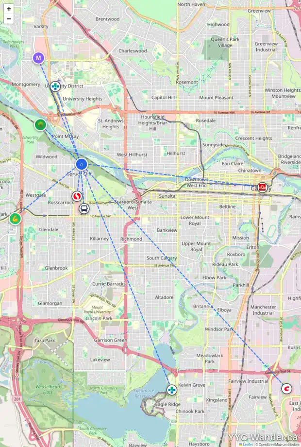 Daily accessibility map for 3516 SPRUCE DR SW, Calgary showing nearby schools, grocery stores, parks, LRT stations and nearby amenities