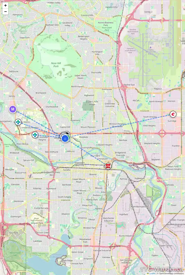 Daily accessibility map for 1320 17A ST NW, Calgary showing nearby schools, grocery stores, parks, LRT stations and nearby amenities