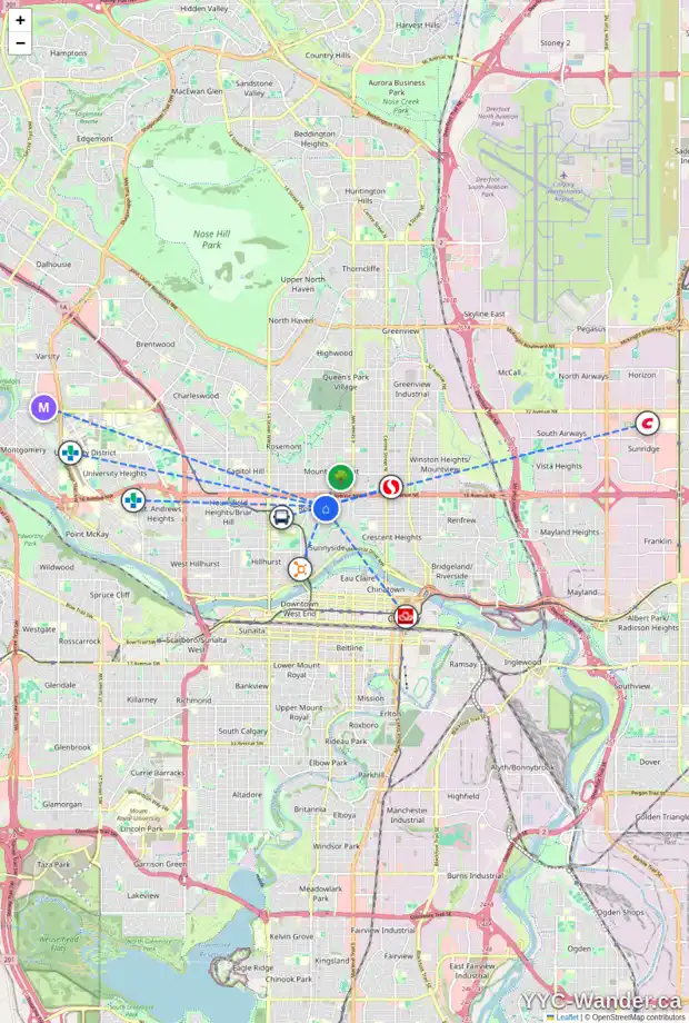Daily accessibility map for 1432 7A ST NW, Calgary showing nearby schools, grocery stores, parks, LRT stations and nearby amenities