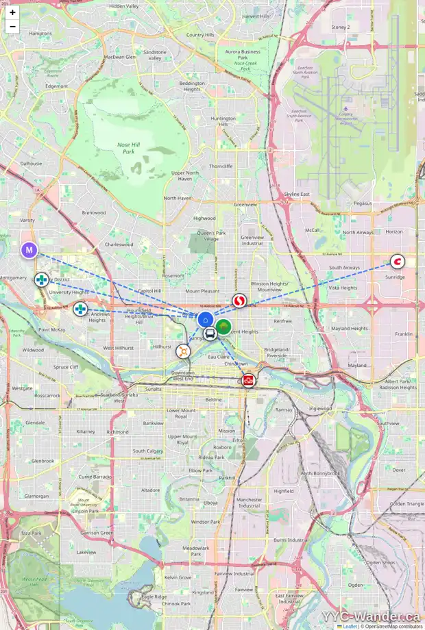 Daily accessibility map for 642 ALEXANDER CR NW, Calgary showing nearby schools, grocery stores, parks, LRT stations and nearby amenities