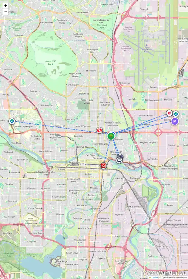 Daily accessibility map for 631 15 AV NE, Calgary showing nearby schools, grocery stores, parks, LRT stations and nearby amenities