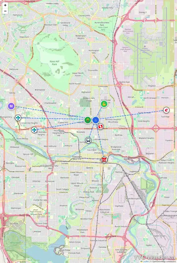 Daily accessibility map for 247 23 AV NW, Calgary showing nearby schools, grocery stores, parks, LRT stations and nearby amenities
