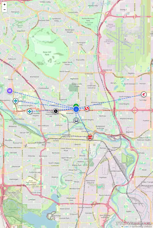 Daily accessibility map for 614 17 AV NW, Calgary showing nearby schools, grocery stores, parks, LRT stations and nearby amenities