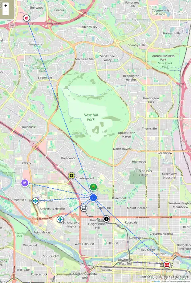 Daily accessibility map for 2603 MORLEY TR NW, Calgary showing nearby schools, grocery stores, parks, LRT stations and nearby amenities