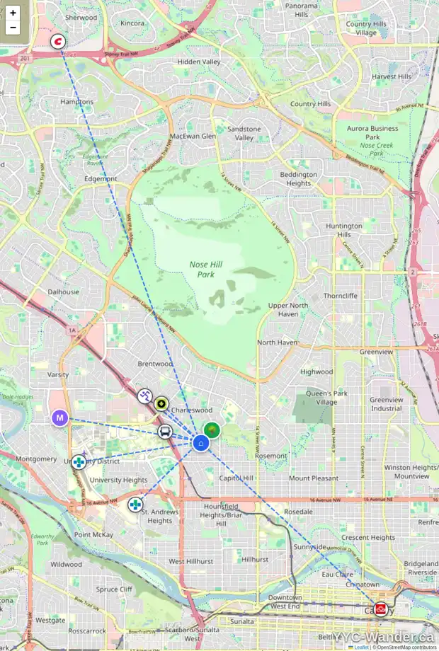 Daily accessibility map for 2748 MORLEY TR NW, Calgary showing nearby schools, grocery stores, parks, LRT stations and nearby amenities