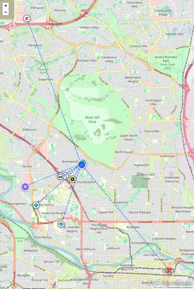 Daily accessibility map for 285 CAPRI AV NW, Calgary showing nearby schools, grocery stores, parks, LRT stations and nearby amenities