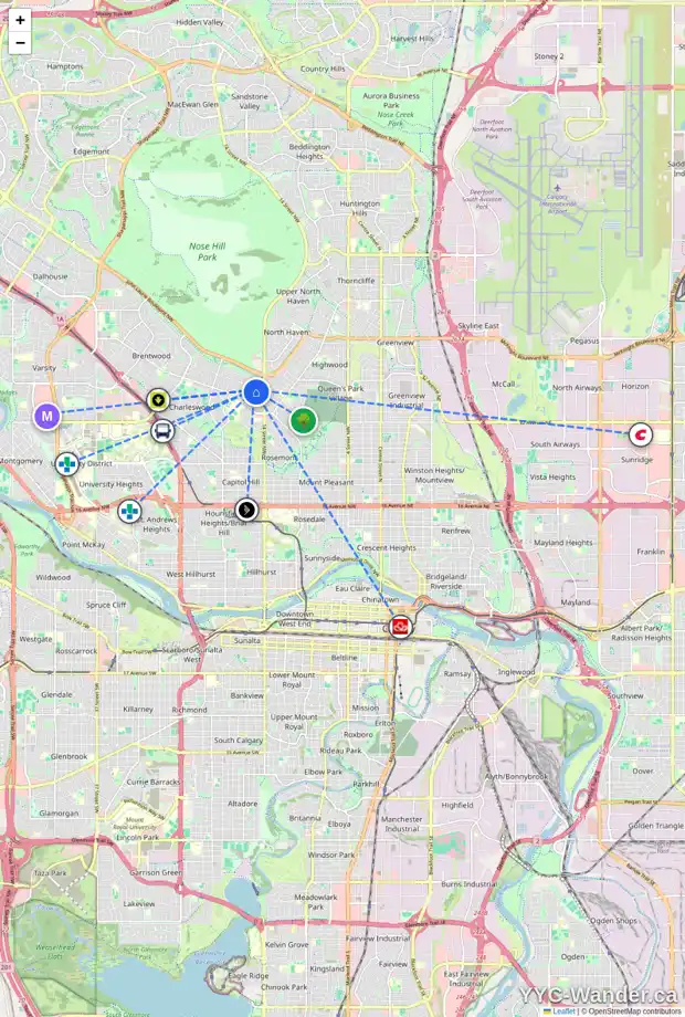 Daily accessibility map for 32 CROMWELL AV NW, Calgary showing nearby schools, grocery stores, parks, LRT stations and nearby amenities