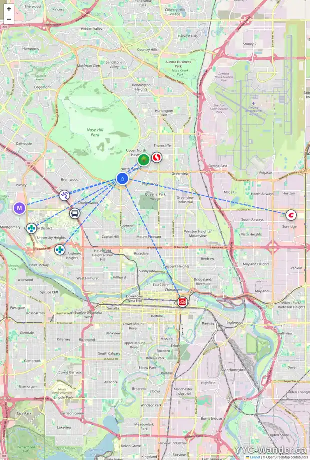 Daily accessibility map for 4614 14 ST NW, Calgary showing nearby schools, grocery stores, parks, LRT stations and nearby amenities
