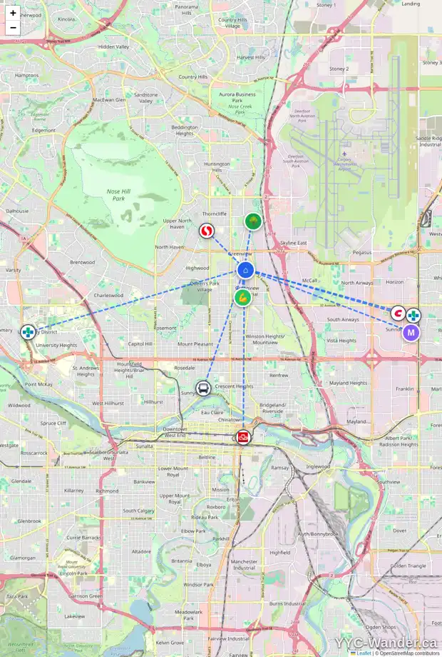 Daily accessibility map for 4423 GREENVIEW DR NE, Calgary showing nearby schools, grocery stores, parks, LRT stations and nearby amenities