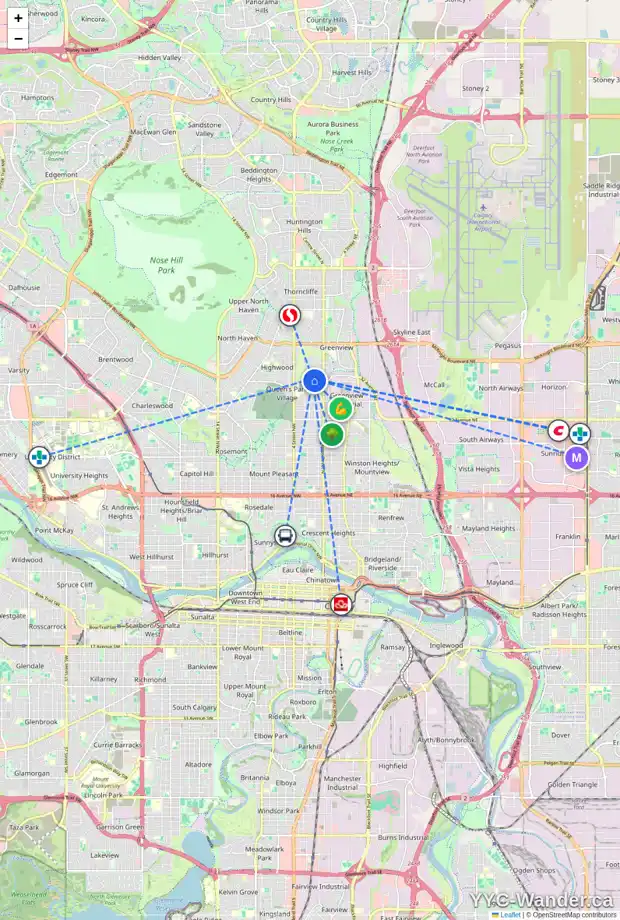Daily accessibility map for 211 41 AV NW, Calgary showing nearby schools, grocery stores, parks, LRT stations and nearby amenities