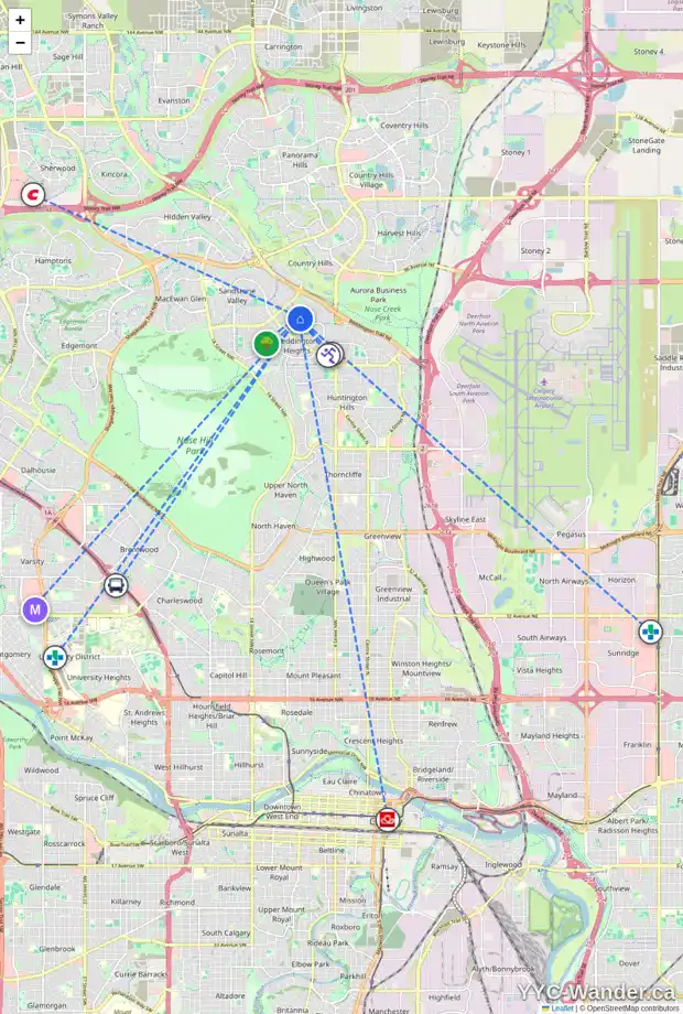 Daily accessibility map for 224 BERKSHIRE PL NW, Calgary showing nearby schools, grocery stores, parks, LRT stations and nearby amenities