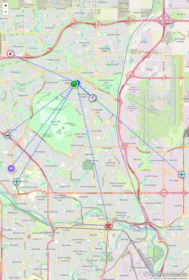 Daily accessibility map for 20 SANDERLING RI NW, Calgary showing nearby schools, grocery stores, parks, LRT stations and nearby amenities