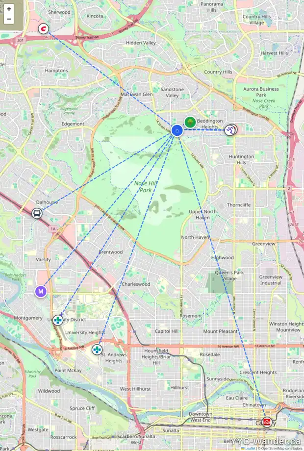 Daily accessibility map for 12 BEACHAM RD NW, Calgary showing nearby schools, grocery stores, parks, LRT stations and nearby amenities
