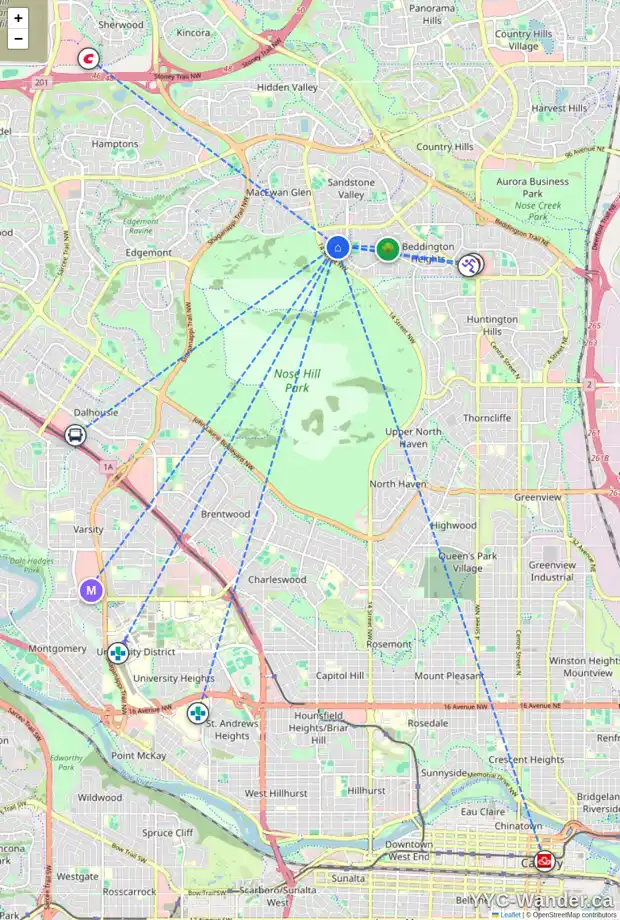 Daily accessibility map for 32 BEACONSFIELD WY NW, Calgary showing nearby schools, grocery stores, parks, LRT stations and nearby amenities