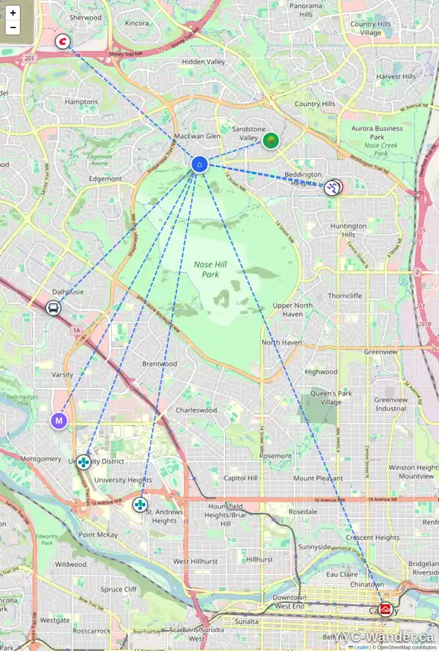 Daily accessibility map for 161 MACEWAN GLEN DR NW, Calgary showing nearby schools, grocery stores, parks, LRT stations and nearby amenities