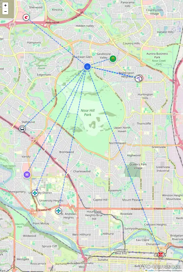 Daily accessibility map for 60 MACEWAN GLEN WY NW, Calgary showing nearby schools, grocery stores, parks, LRT stations and nearby amenities