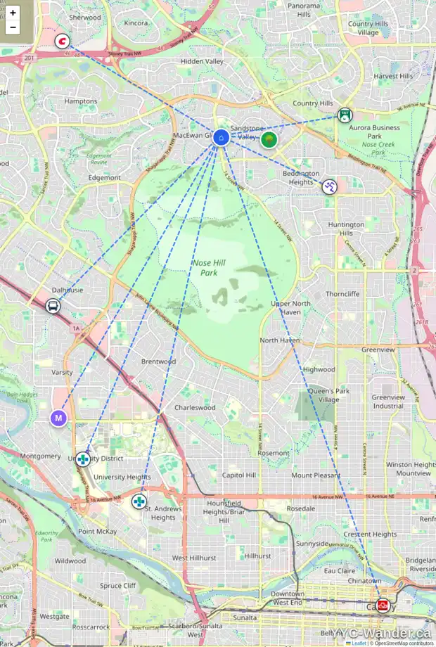 Daily accessibility map for 224 SANDRINGHAM PL NW, Calgary showing nearby schools, grocery stores, parks, LRT stations and nearby amenities