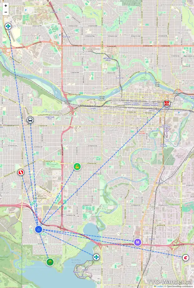 Daily accessibility map for 3442 LANE CR SW, Calgary showing nearby schools, grocery stores, parks, LRT stations and nearby amenities