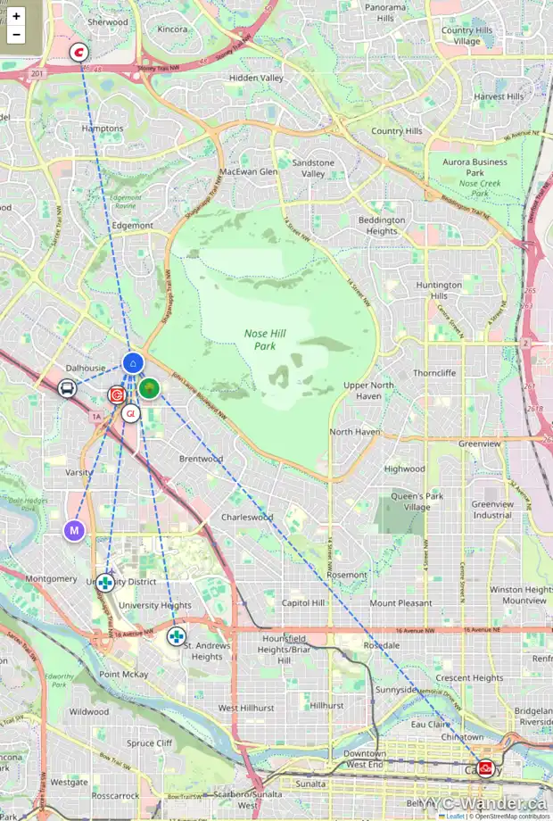 Daily accessibility map for 6144 DALMARNOCK CR NW, Calgary showing nearby schools, grocery stores, parks, LRT stations and nearby amenities