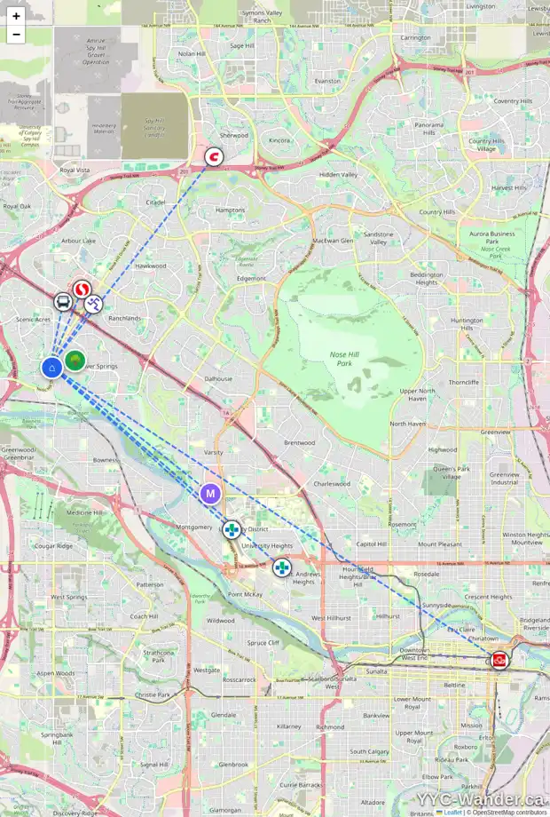 Daily accessibility map for 228 SCIMITAR BA NW, Calgary showing nearby schools, grocery stores, parks, LRT stations and nearby amenities