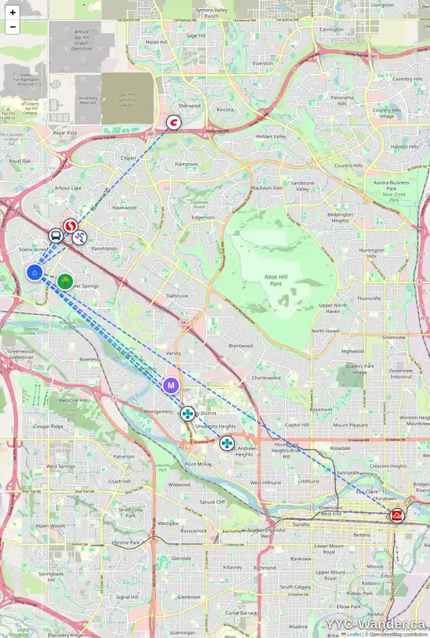 Daily accessibility map for 60 SCANDIA HL NW, Calgary showing nearby schools, grocery stores, parks, LRT stations and nearby amenities
