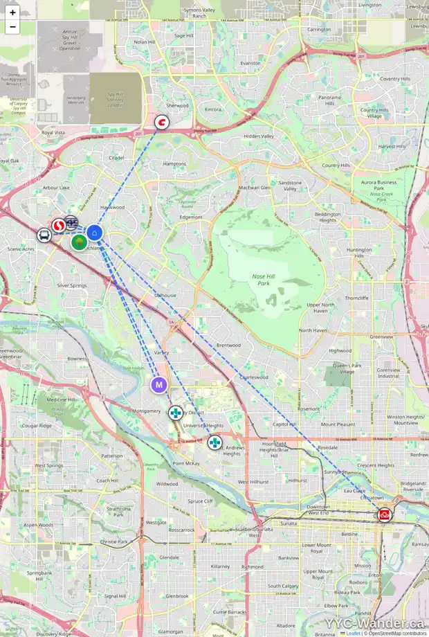 Daily accessibility map for 637 HAWKSIDE ME NW, Calgary showing nearby schools, grocery stores, parks, LRT stations and nearby amenities