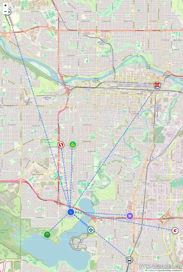 Daily accessibility map for 6435 LAURENTIAN WY SW, Calgary showing nearby schools, grocery stores, parks, LRT stations and nearby amenities