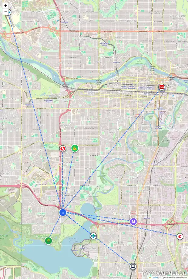 Daily accessibility map for 6323 LOMBARDY CR SW, Calgary showing nearby schools, grocery stores, parks, LRT stations and nearby amenities